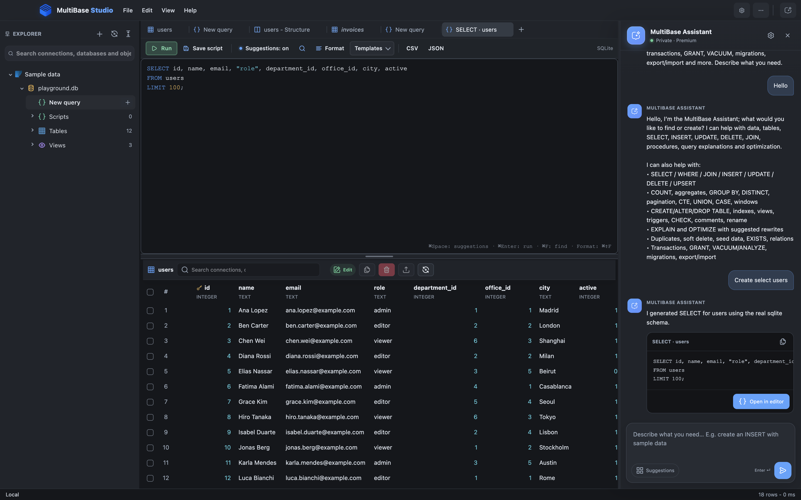 Integrierter SQL-Assistent neben dem Editor