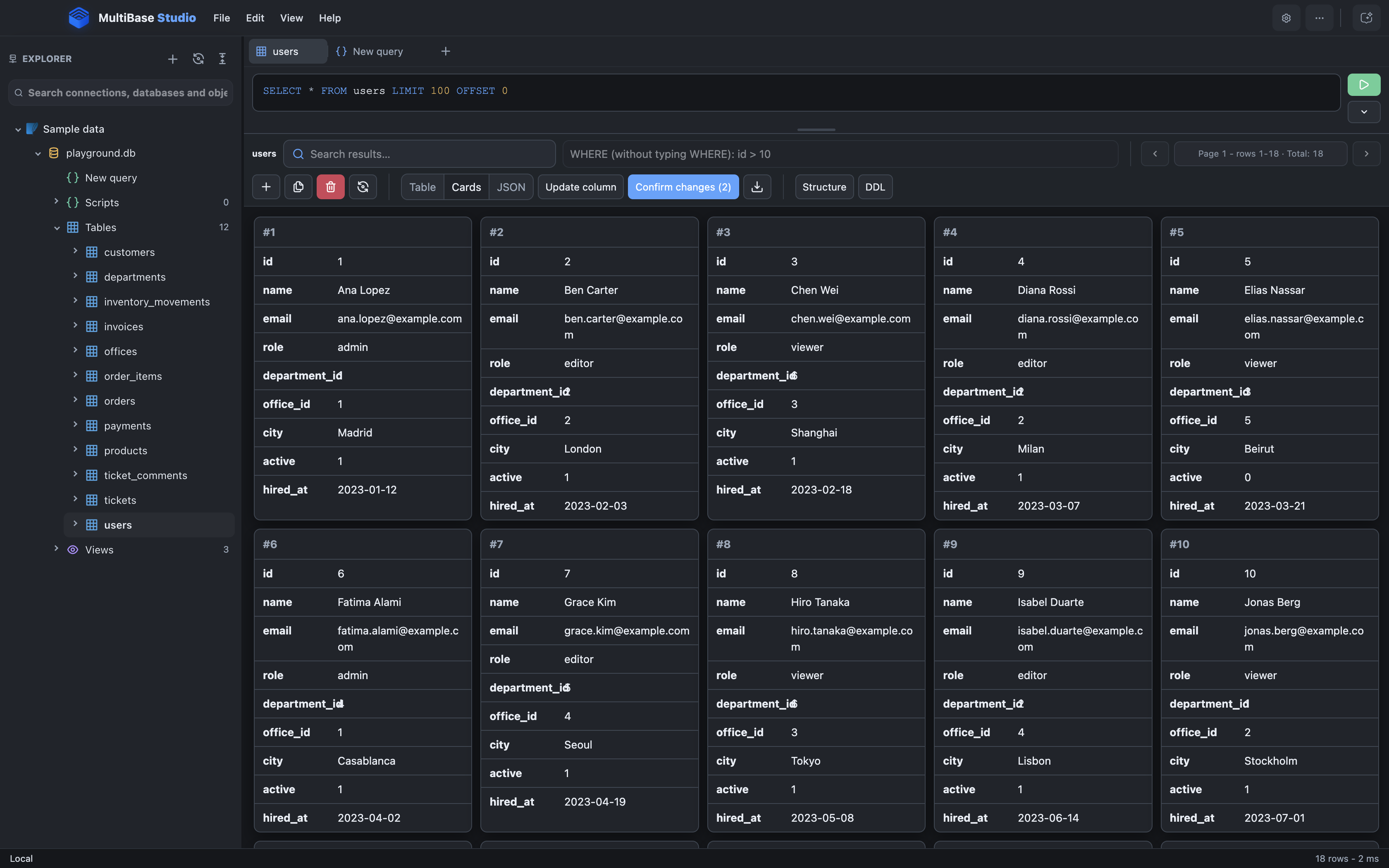 SQLite query results shown as cards in MultiBase Studio