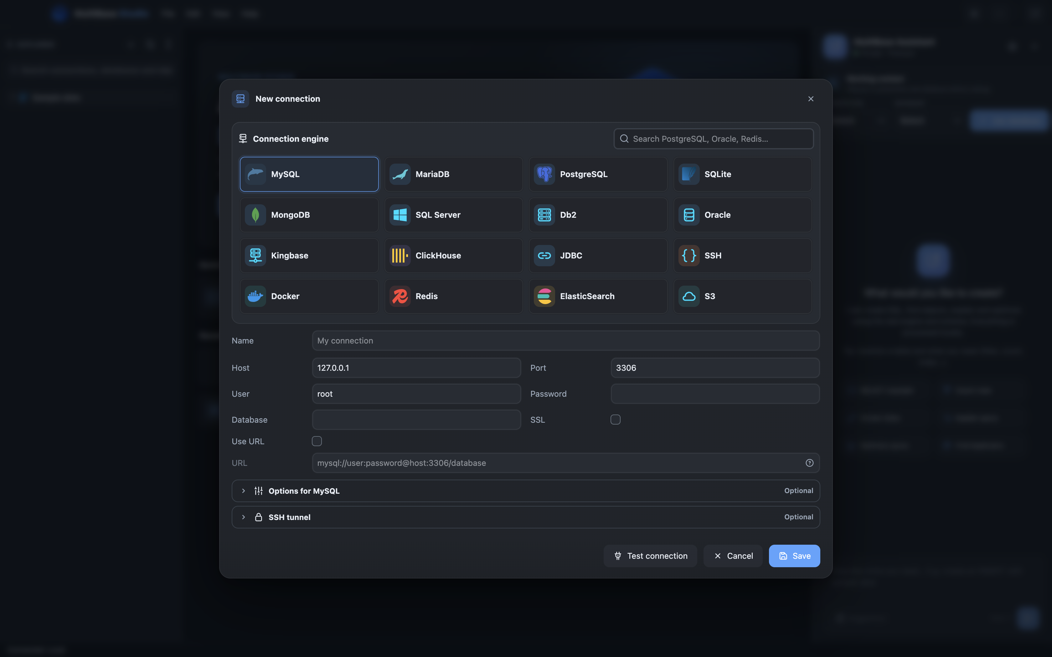 MultiBase Studio connection dialog showing multiple database engines