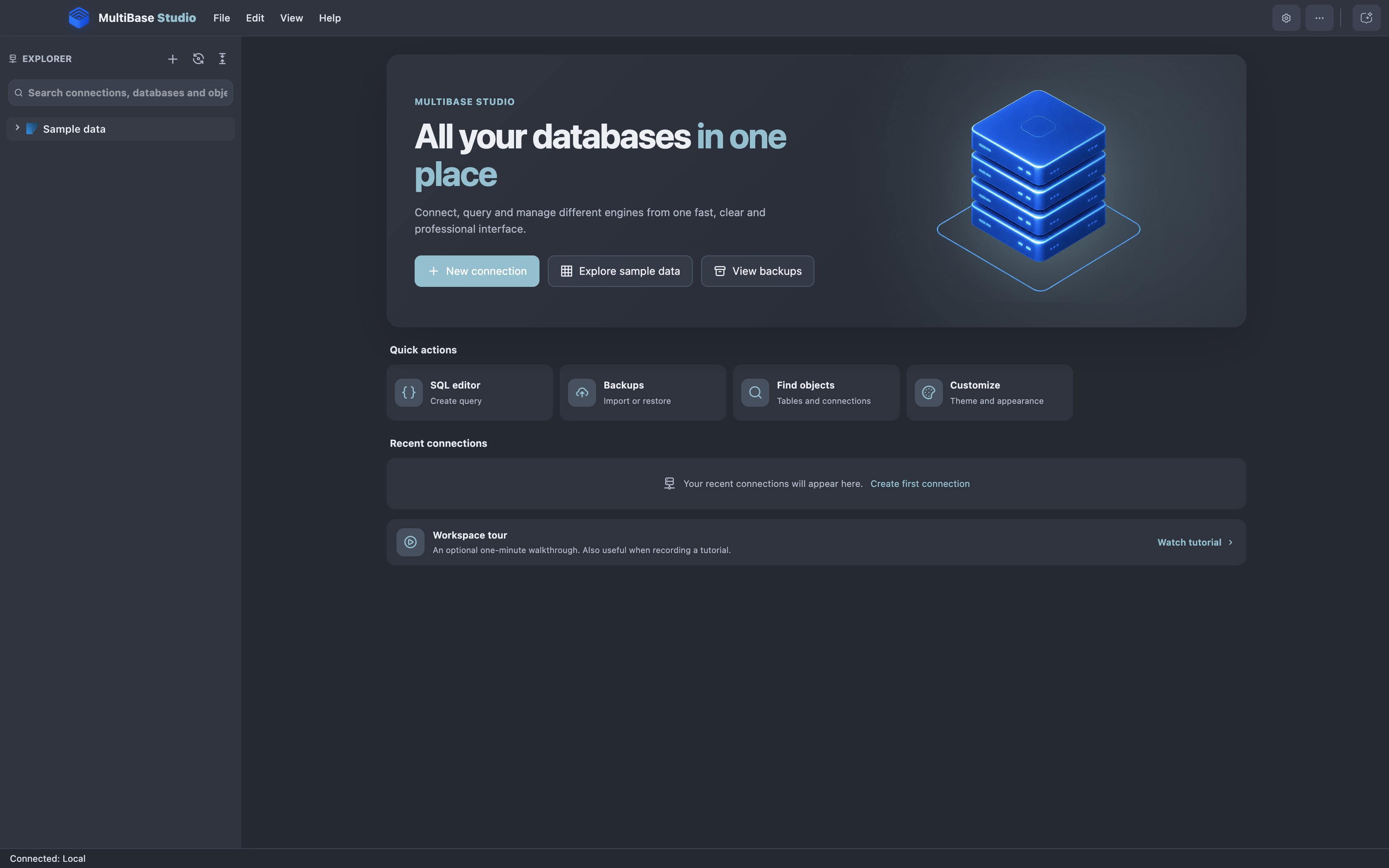 MultiBase Studio workspace for a mixed database stack