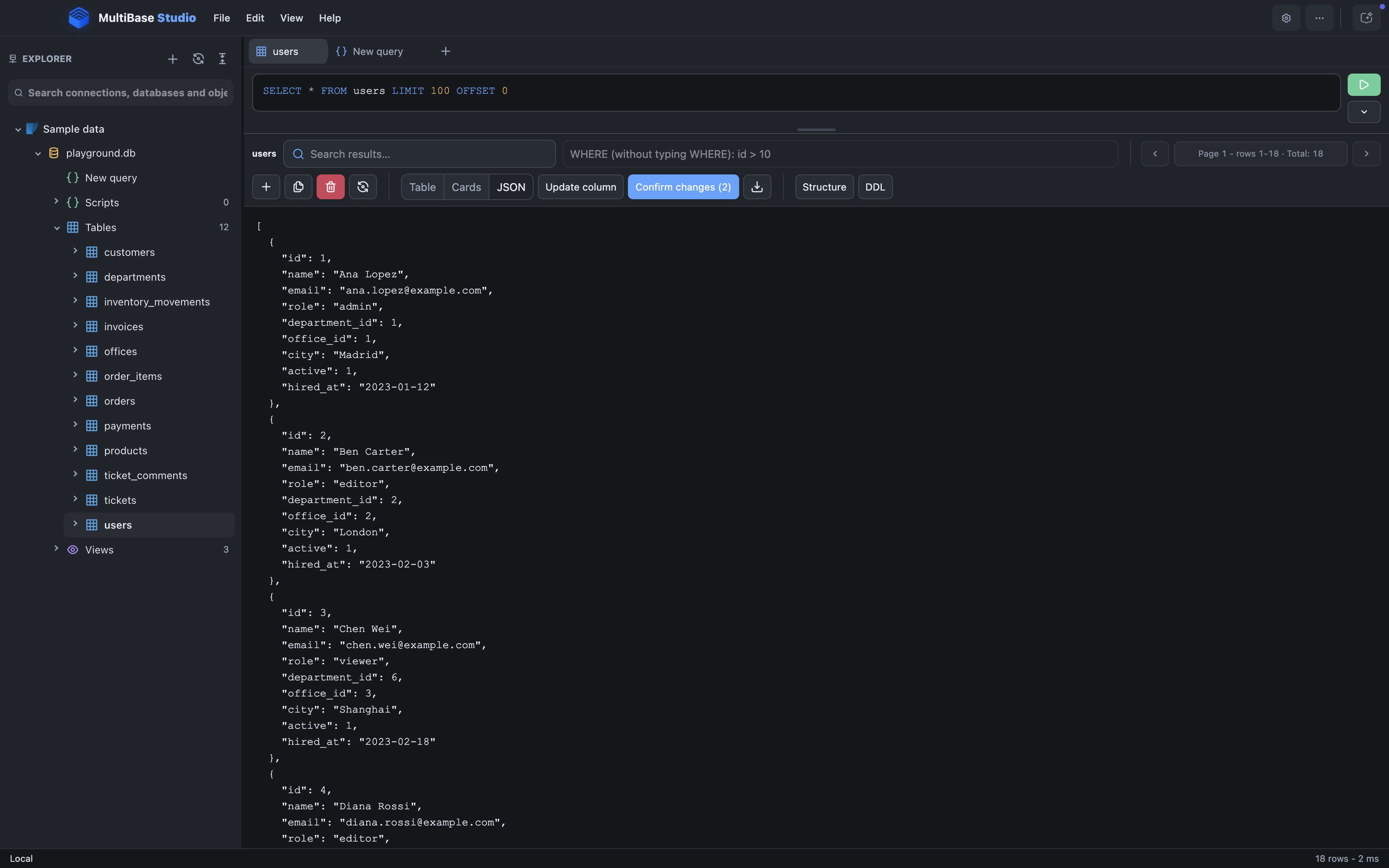 JSON result view in MultiBase Studio