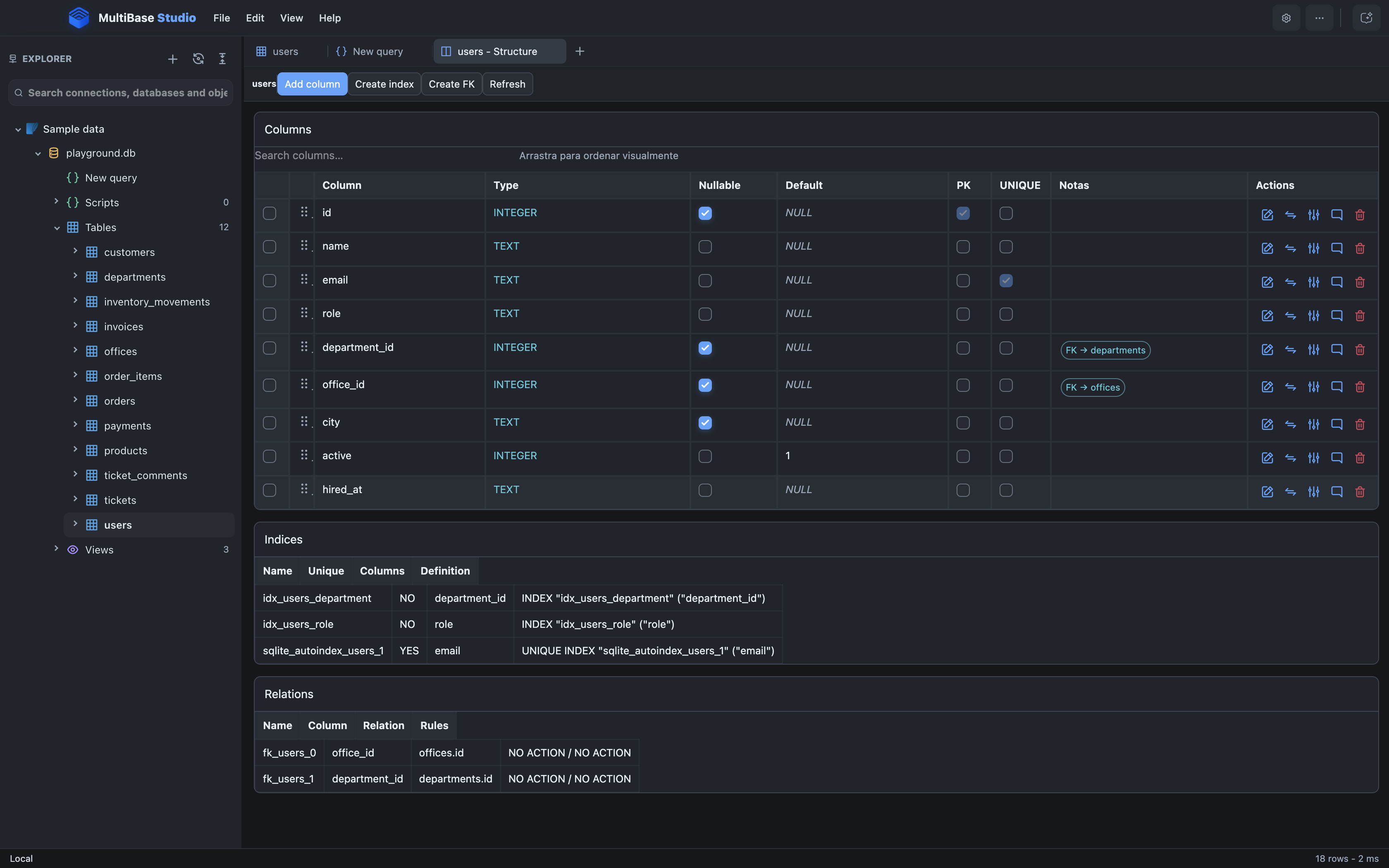 MultiBase Studio schema manager showing columns indexes and relations