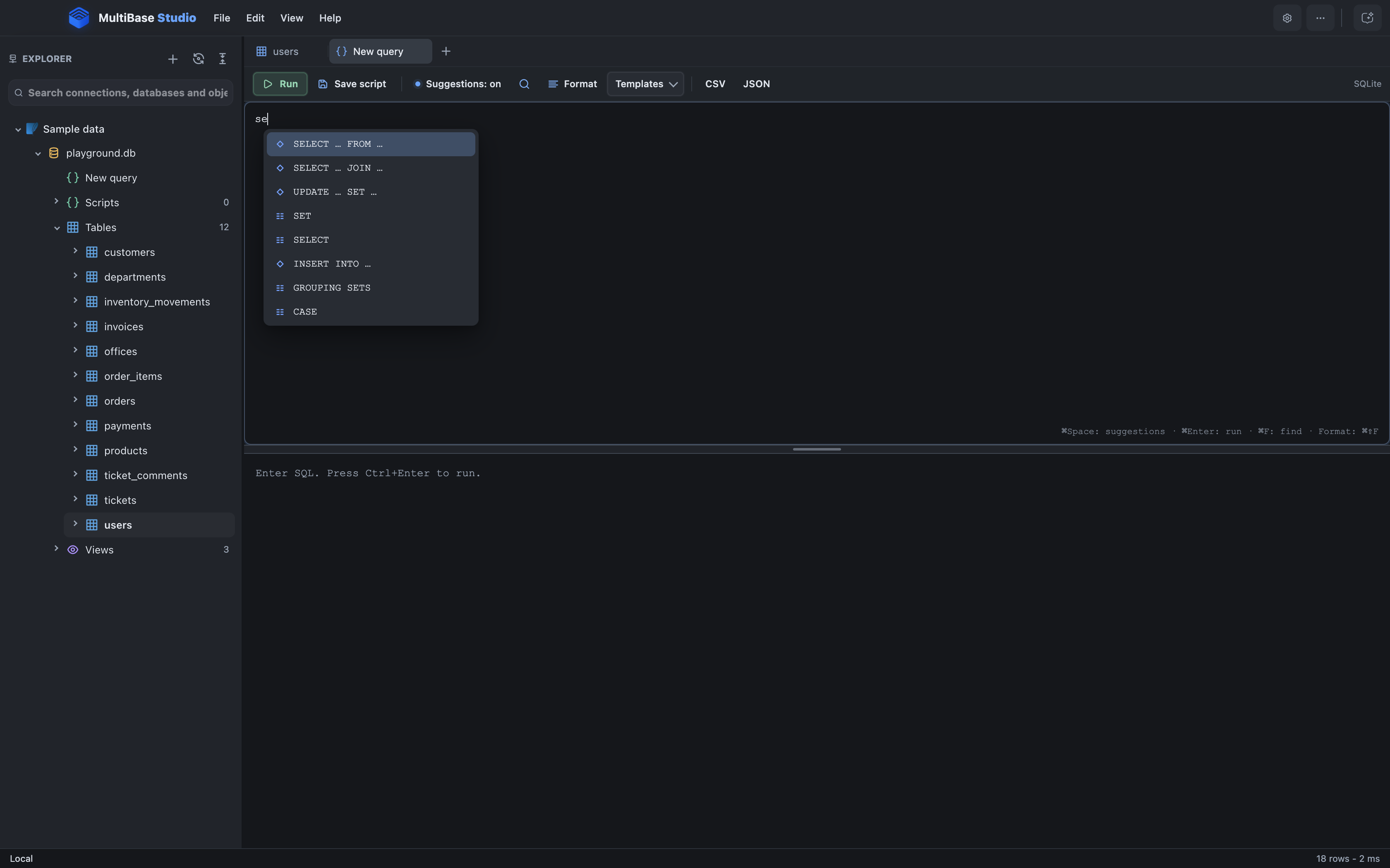 SQL editor with contextual suggestions in MultiBase Studio
