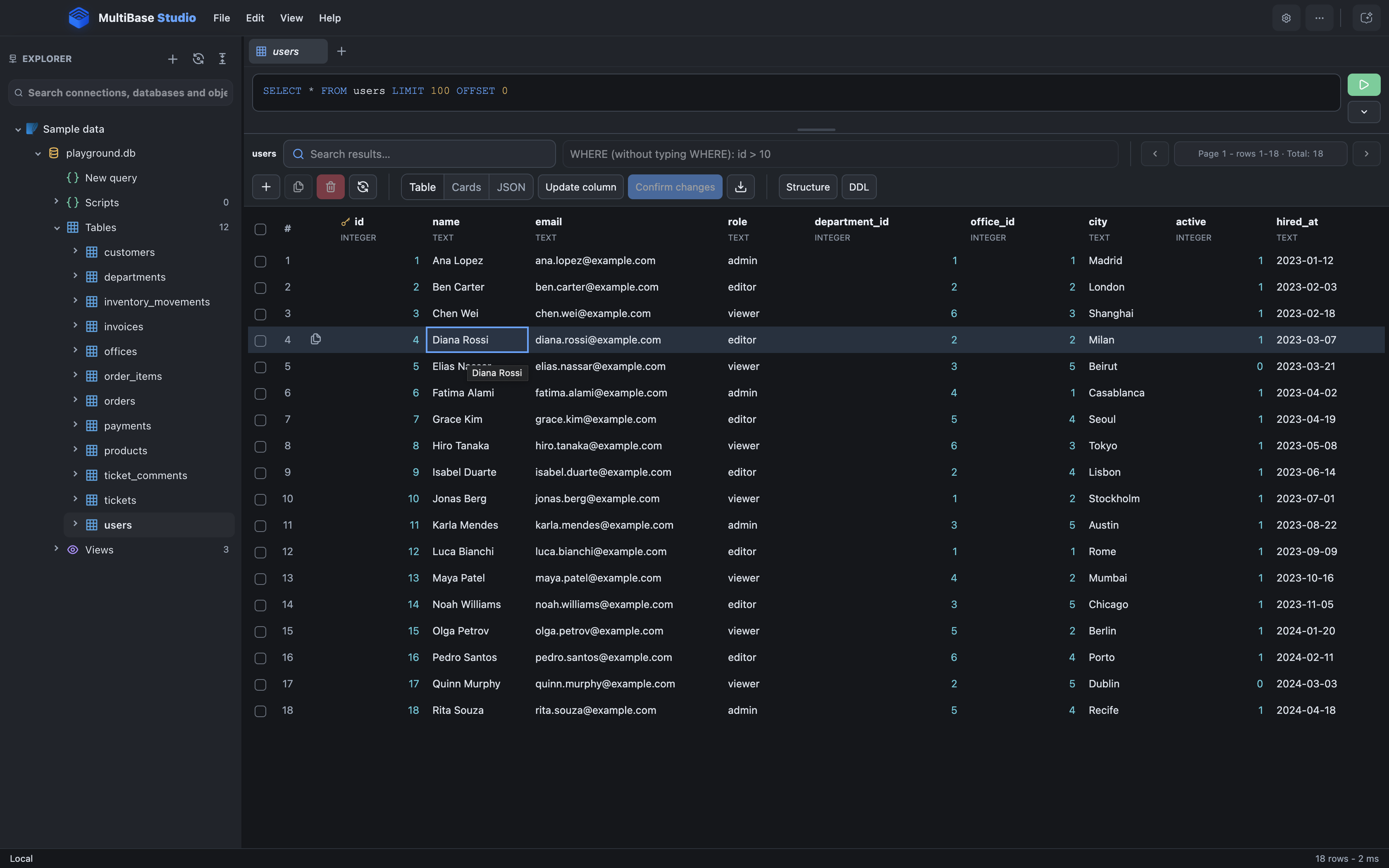 Editable database table grid in MultiBase Studio